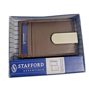 Stafford Front Pocket Wallet New Mens Brown Leather Slim Card Case Money Clip